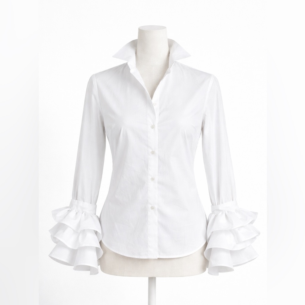 Plus Size White Statement Ruffle Cuff Button Blouse Bow Sleeves - Picture 3 of 8